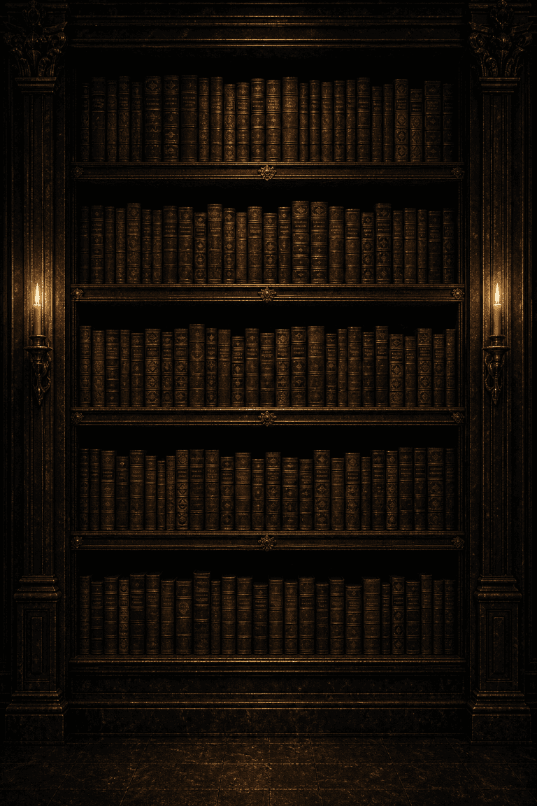 Cinco anaqueles de madera oscura llenos de libros antiguos